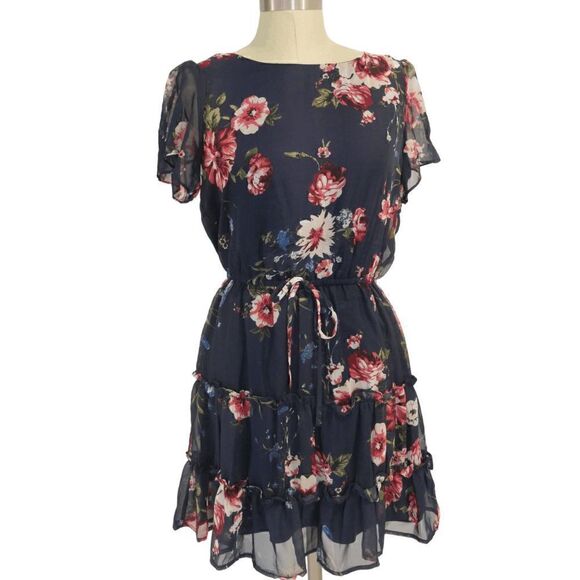 CRYSTAL DOLL Juniors' Printed Tiered Fit & Flare Short Sleeve Blue  Chiffon Dres - Picture 1 of 8